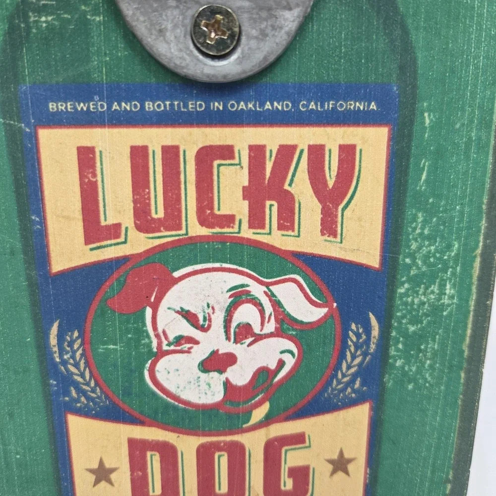Vtg Lucky Dog Beer Wall Mounted Bottle Opener Cap Catcher Sign Man Cave